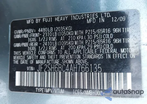 2010 Subaru Forester 2.5X из США, поврежденный, VIN JF2SH6BC4AH766135